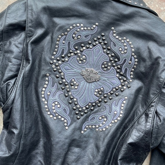Harley Davidson Womens Black Perfecto Leather Studded Biker Jacket M - Picture 5 of 10